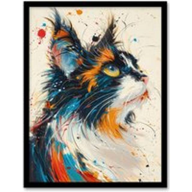 Wall Art Print Paint Splat Maine Coon Cat Lover Pet Portrait Art Framed Poster - Black - W12 inch x H16 inch