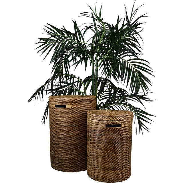 Wäschekorb Wäschebox mit Deckel aus 100% Ata, Rattan Palme, dekorative Unikate Aufbewahrungskorb Handarbeit natur rund
