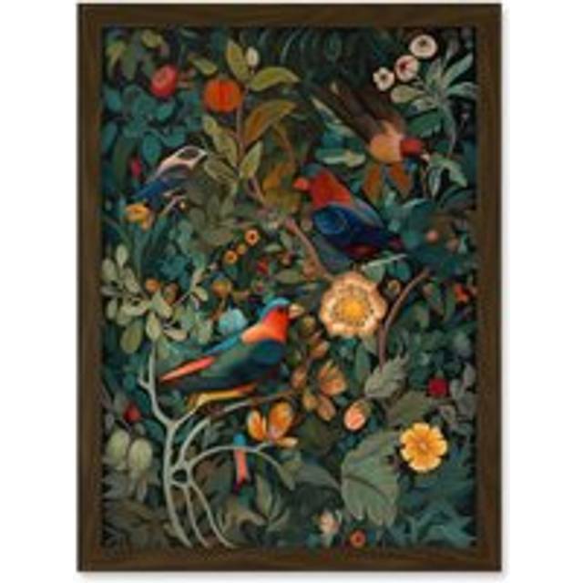 Parrots on Exotic Blooming Trees Modern Folk Art Artwork Framed Wall Art Print A4 - Brown - One Size