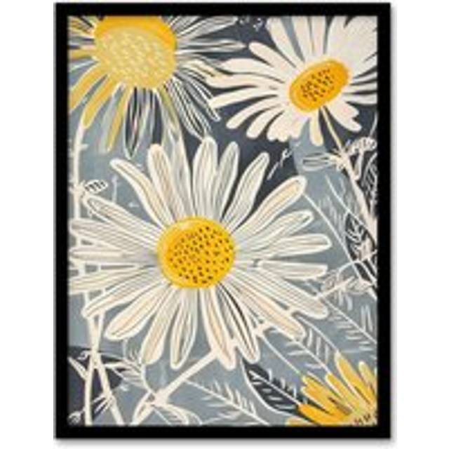 Bright Daisy Flowers Bloom Artwork Light Floral Framed Art Print - Blue - W12 inch x H16 inch