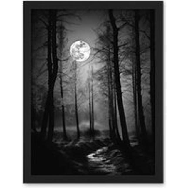 Wall Art Print Full Moon Over Misty Forest Black and White Photo Large Framed Wall Décor Art - Tan - W18 inch x H24 inch