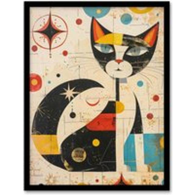 Wall Art Print Abstract Mid Century Modern Atomic Cat Lover Art Framed Poster - Black - W12 inch x H16 inch