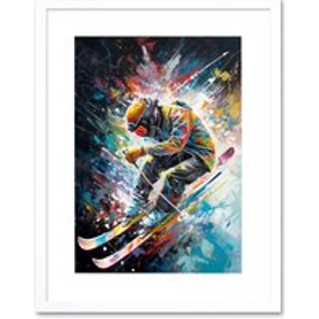 Wall Art Print Skier Skiing Vibrant Splatter Art Motion Painting Artwork Framed 9X7 Inch - White - W7 inch x H9 inch