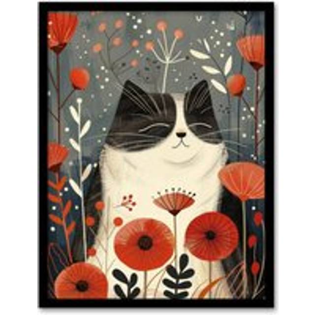 Wall Art Print Happy Cat in the Poppies Cute Fun Animal Lover Art Framed Poster - Black - W12 inch x H16 inch
