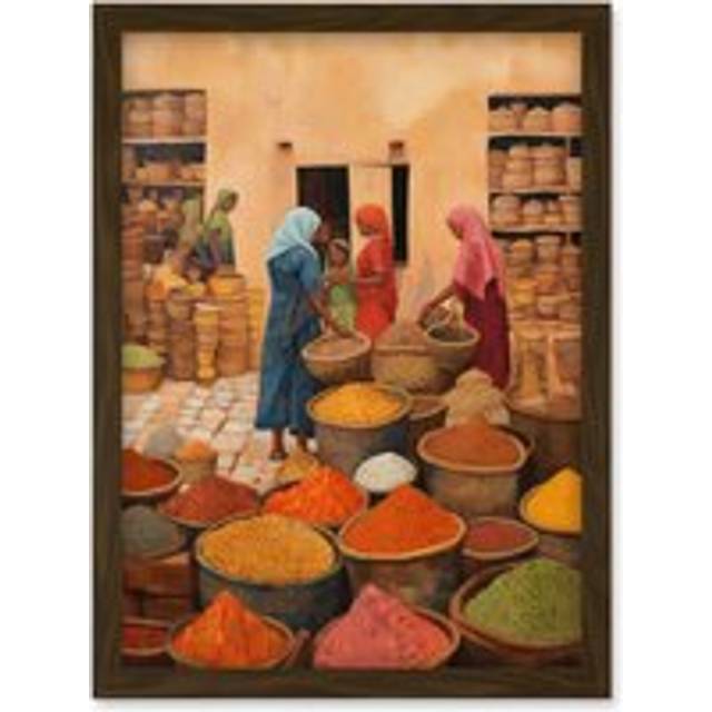 Wall Art Print Traditional Rural Indian Food Market Watercolour Artwork Spices Herbs Artwork Framed A4 - Brown - A4