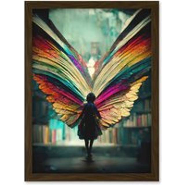 Library Book Fairy Rainbow Wings Artwork Framed Wall Art Print A4 - Brown - One Size