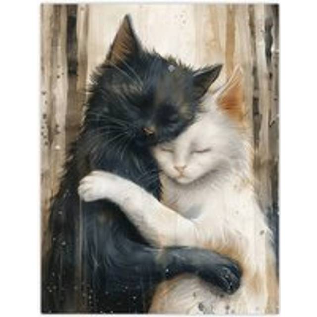 Wall Art Print Black Cat White Cat Lover Hugging Watercolour Poster - Brown - W24 inch x H32 inch