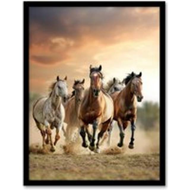 Wild Horses Galloping Open Field Sunset Clouds Framed Art Print - Brown - W12 inch x H16 inch