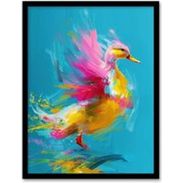 Wall Art Print Flying Yellow Pink Duck Abstract Oil Painting Art Framed Poster - Black - W12 inch x H16 inch