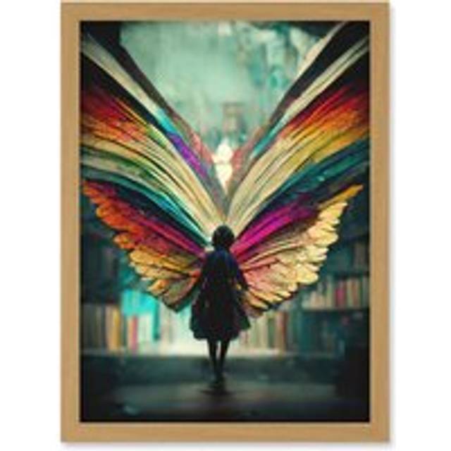 Library Book Fairy Rainbow Wings Artwork Framed Wall Art Print A4 - Tan - One Size