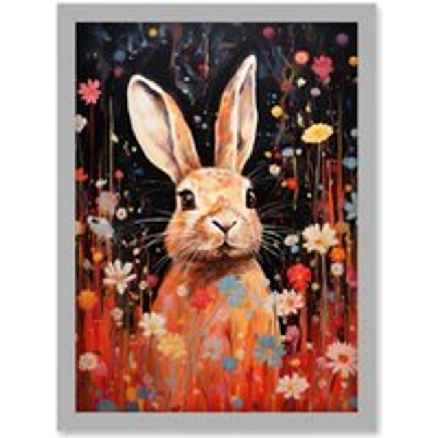 Wall Art Print Spring Bliss Oil Painting Cute Bunny Rabbit in a Daisy Flower Meadow Kids Bedroom Artwork Framed A4 - Grey - A4