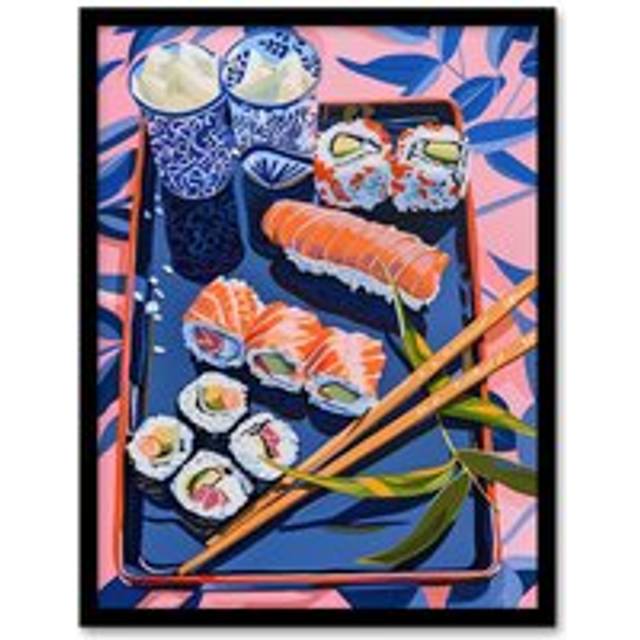 Sushi Colourful Stylised Food Flatlay Painting Framed Art Print - Pink - A4