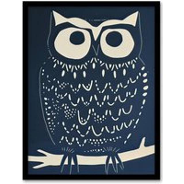 Owl Bird Simple White Blue Block Print Design Framed Art Print - W12 inch x H16 inch