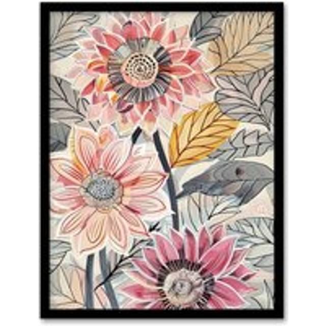 Pink Dahlia Flowers Artwork Bright Fresh Floral Framed Art Print - Multi - W12 inch x H16 inch