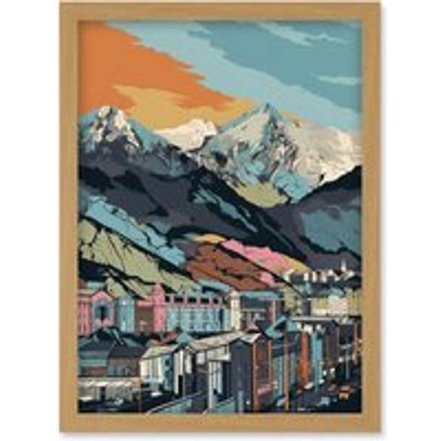 Cityscape Under Rocky Mountain Range Modern Artwork Framed Wall Art Print A4 - Tan - One Size