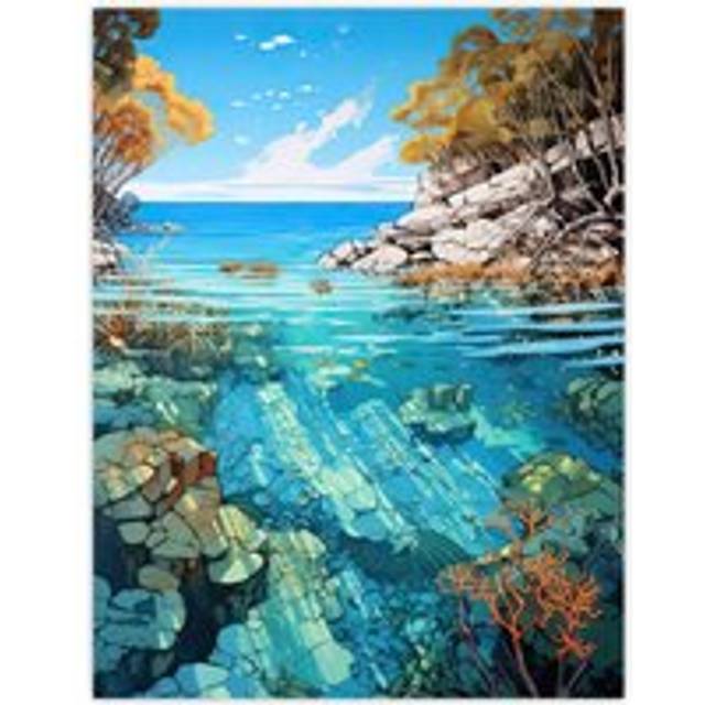 Serene Coral Reef Bay Artwork Scenic Turquoise Seascape Extra Large XL Unframed Wall Art Poster Print - Multi - W24 inch x H32 inch