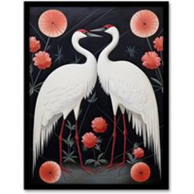 Wall Art Print Japanese Crane Dance Stylised Oil Painting Pink White Grey Birds and Pink Flowers Abstract Floral Landscape Artwork Framed - Black - A4