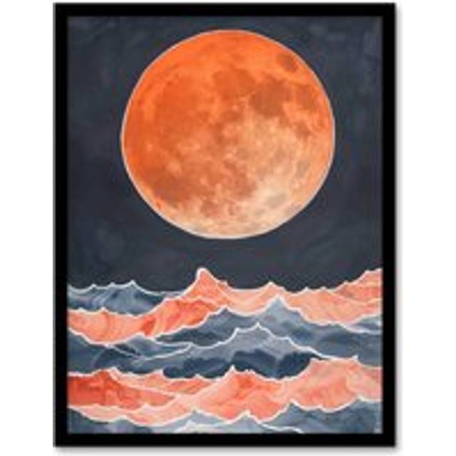 Large Orange Full Moon Over Pink Blue Ocean Waves Framed Art Print - W12 inch x H16 inch