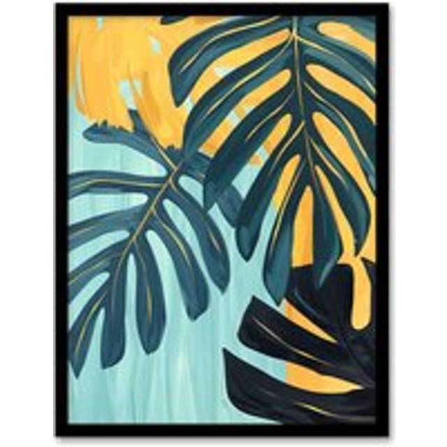 Monstera Deliciosa Leaves Teal Yellow Painting Framed Art Print - Multi - W12 inch x H16 inch