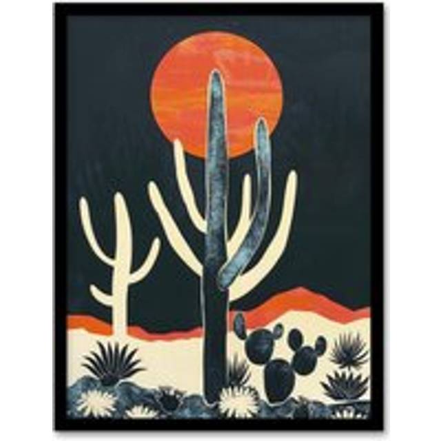 Wall Art Print Saguaro Cactus Orange Grey Sun Desert Landscape Art Framed Poster - Black - W12 inch x H16 inch