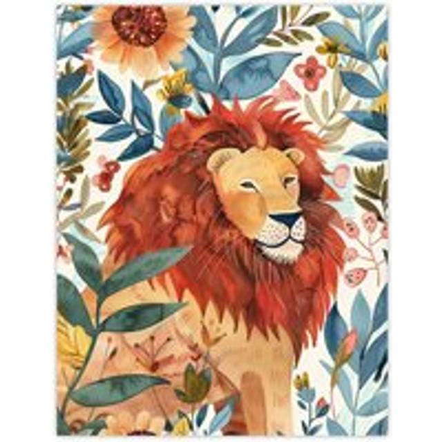Lion in Floral Jungle Bright Watercolour Painting Wall Art Print - Multi - W18 inch x H24 inch