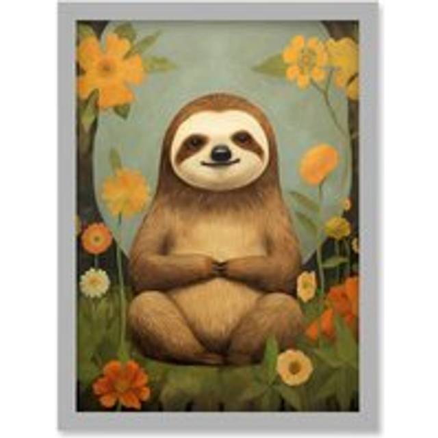Wall Art Print Smiling Sloth Meditating in Forest Flowers Kids Bedroom Artwork Framed A4 - Grey - A4