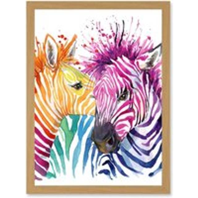 Rainbow Two Rainbow Zebra Painting Multi Coloured Artwork Framed Wall Art Print A4 - Tan - One Size