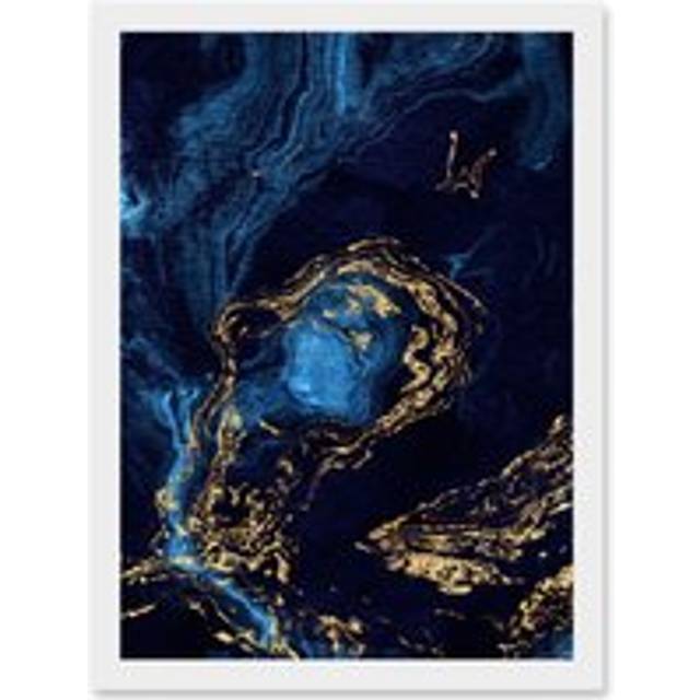 Abstract Dark Blue Gold Waves Modern Artwork Framed Wall Art Print A4 - White - One Size