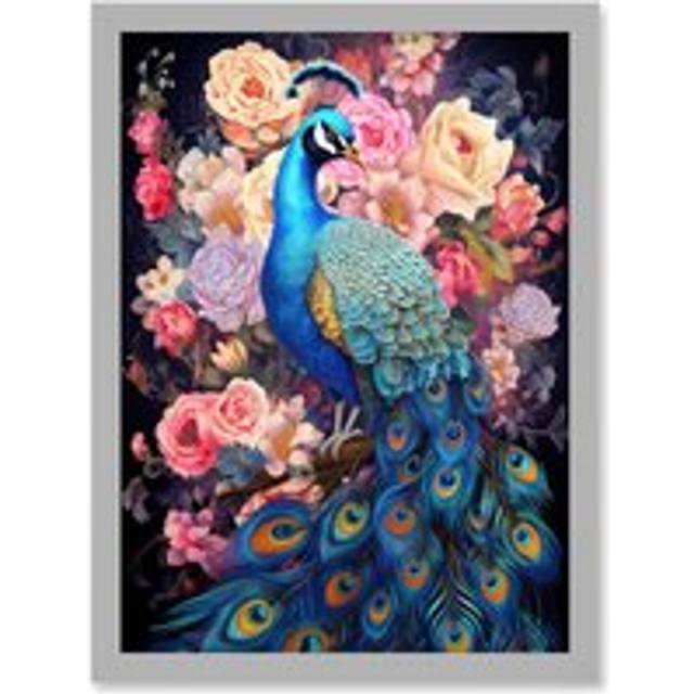 Wall Art Print Elegant Peacock Bird with Rose Flower Blooms Vibrant Floral Blue Pink Orange Artwork Framed A4 - Grey - A4