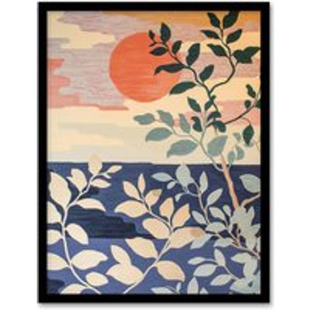 Sunset in Coastal Trees Painting Zen Calm Warm Framed Art Print - Multi - W12 inch x H16 inch