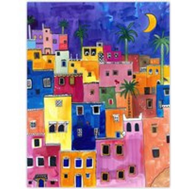 Colourful Moroccan Cityscape At Night Watercolour Wall Art Print - Multi - W18 inch x H24 inch