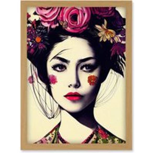 Boho Woman With Flowers Headdress Modern Artwork Framed Wall Art Print A4 - Tan - One Size