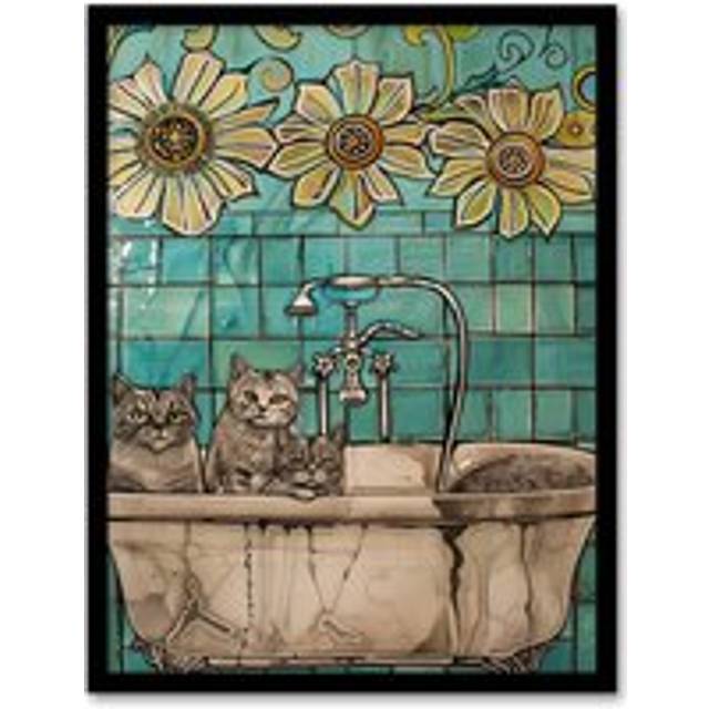 Cats in Bathtub Cat Lover Bath Time Sunflower Framed Art Print - Blue - W12 inch x H16 inch