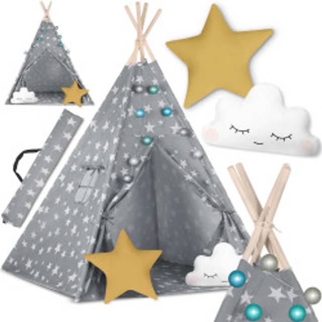 Children's Tipi Tent with Light String Nukido - Gray with Stars