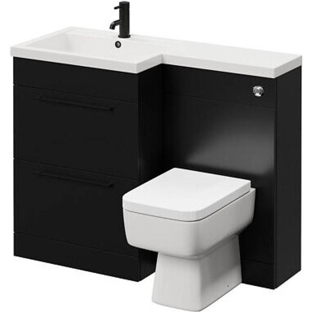 Napoli Combination Vanity Unit Toilet Suite with Left Hand L Shaped 1 Tap Hole Basin and 2 Drawers with Handles | Matt Black | Plastic | 1100mm