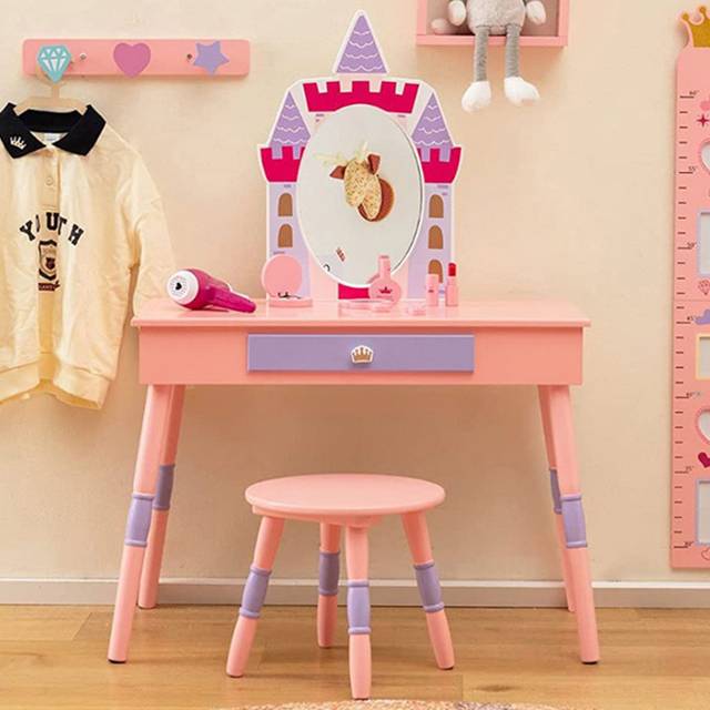 Costway Single Drawer Kids Princess Dressing Table and Stool Set with Mirror - Pink - 82 x 44 x 29cm