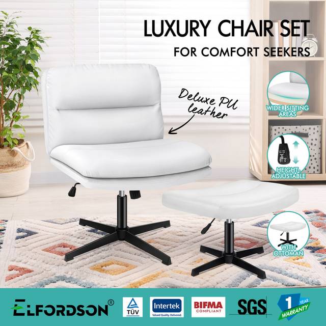 ELFORDSON Office Chair Computer Cross-legged Seat Work Ottoman PU Leather White