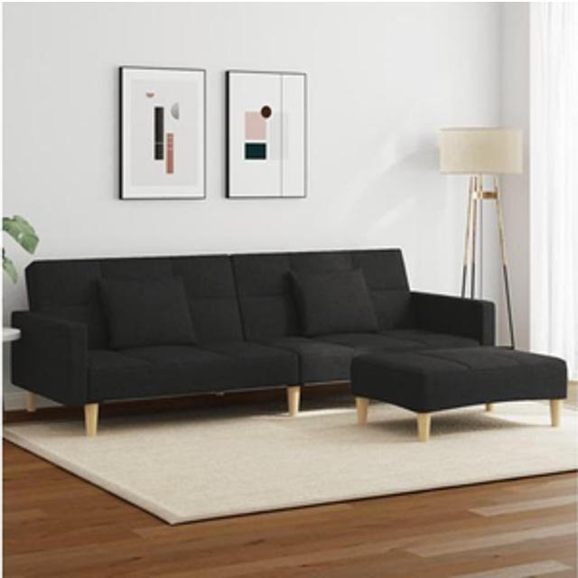 Bäddsoffa 2-sits med fotpall svart tyg