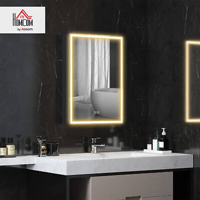 HOMCOM Bathroom Mirror Cabinet with LED Lights and Shaver Socket, 500 x 700 mm Wall Mounted Bathroom Cabinet with Mirror, Demister Pad, Black