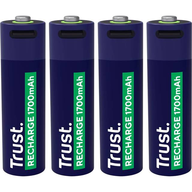 Trust USB-C uppladdningsbart batteri AA 4-pack, inbyggd USB C-port, ingen batteriladdare nödvändig, kabel ingår, 1 700 mAh uppladdningsbara batterier med hög kapacitet via telefonladdare/USB-port,