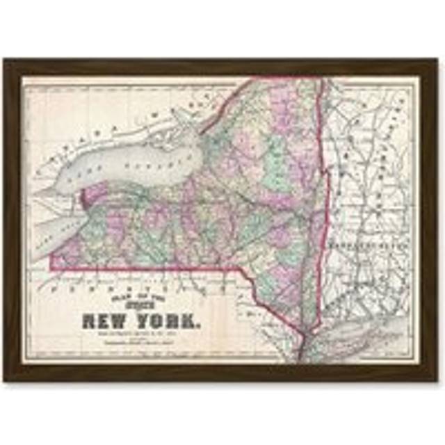 1873 Beers Map New York State Long Island Brooklyn Vintage A4 Artwork Framed Wall Art Print - Brown - One Size