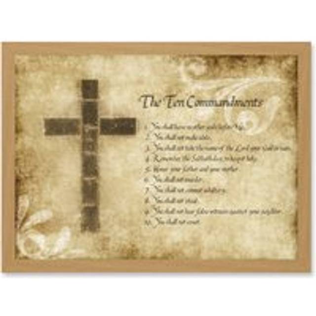 Ten 10 Commandments Cross Christian Religious Quote Typography A4 Artwork Framed Wall Art Print - Tan - One Size