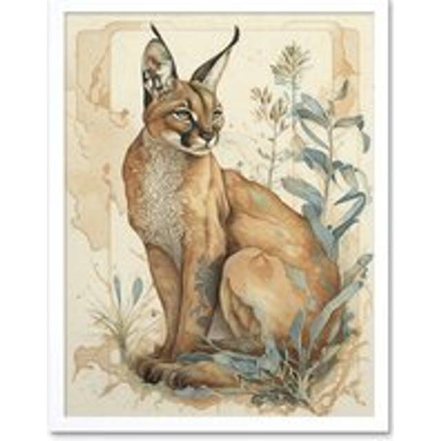 Wall Art Print Caracal Cat with Teal Plants Modern Pastel Watercolour Art Framed - White - W12 inch x H16 inch