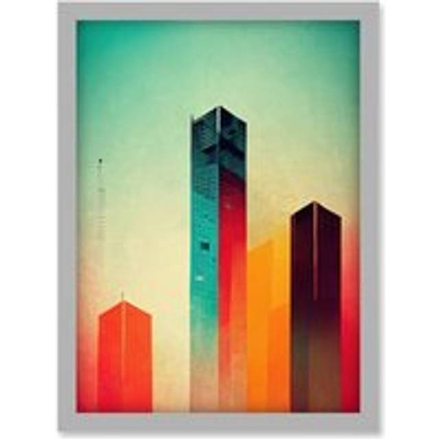 Tower Block Skyscrapers Minimalist Skyline Graphic Design Artwork Framed Wall Art Print A4 - Grey - One Size