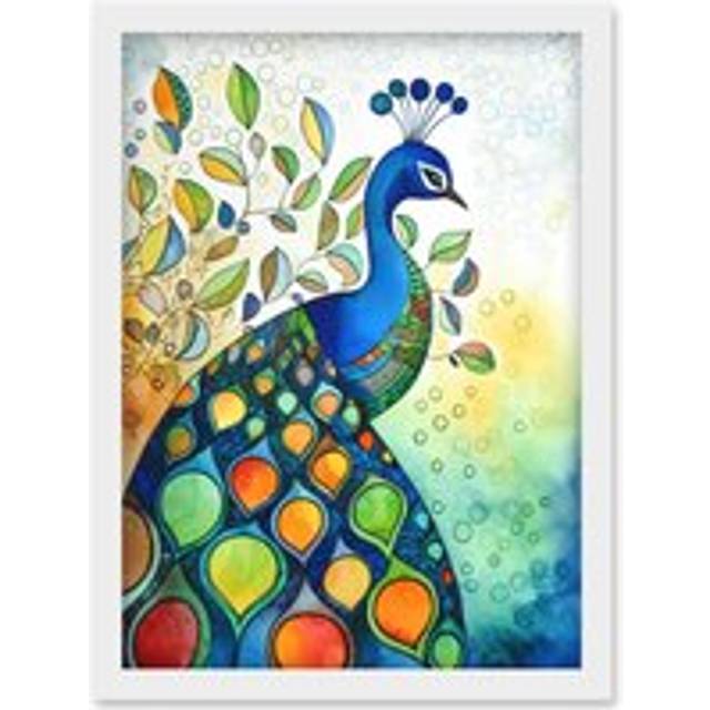 Peacock Bird Folk Art Watercolour Painting Artwork Framed Wall Art Print A4 - White - One Size