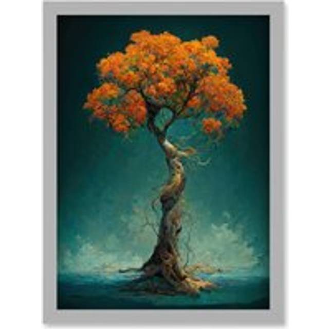 Elegant Ancient Lone Autumn Fall Tree On Teal Artwork Framed Wall Art Print A4 - Grey - One Size