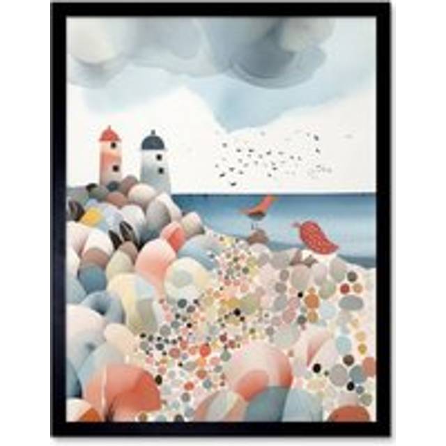 Wall Art Print Lighthouses On Multicoloured Pebble Beach Watercolour Painting Art Framed - Black - W12 inch x H16 inch