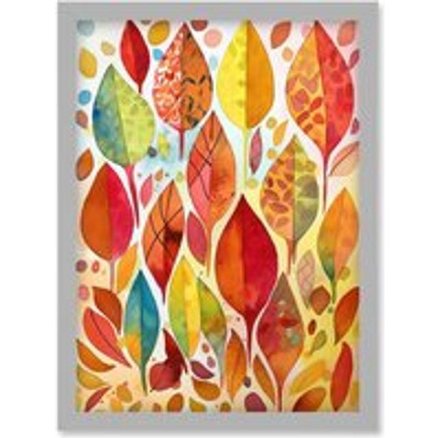 Autumn Leaves With Multicoloured Patterns Folk Art Watercolour Painting Artwork Framed Wall Art Print A4 - Grey - One Size