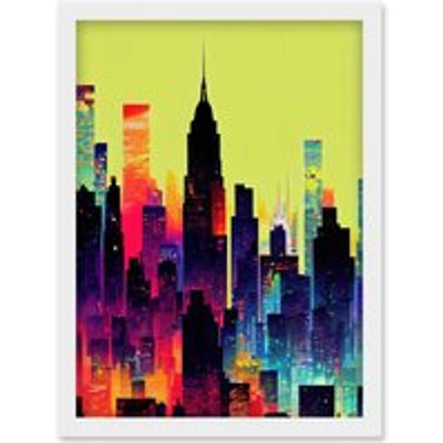 New York Vibrant Multi Coloured Graphic Design Skyscraper Cityscape Silhouette Artwork Framed Wall Art Print A4 - White - One Size