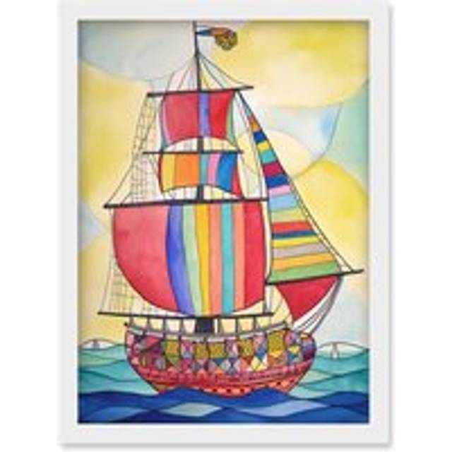 Rainbow Colour Sailing Ship Folk Art Artwork Framed Wall Art Print A4 - White - One Size